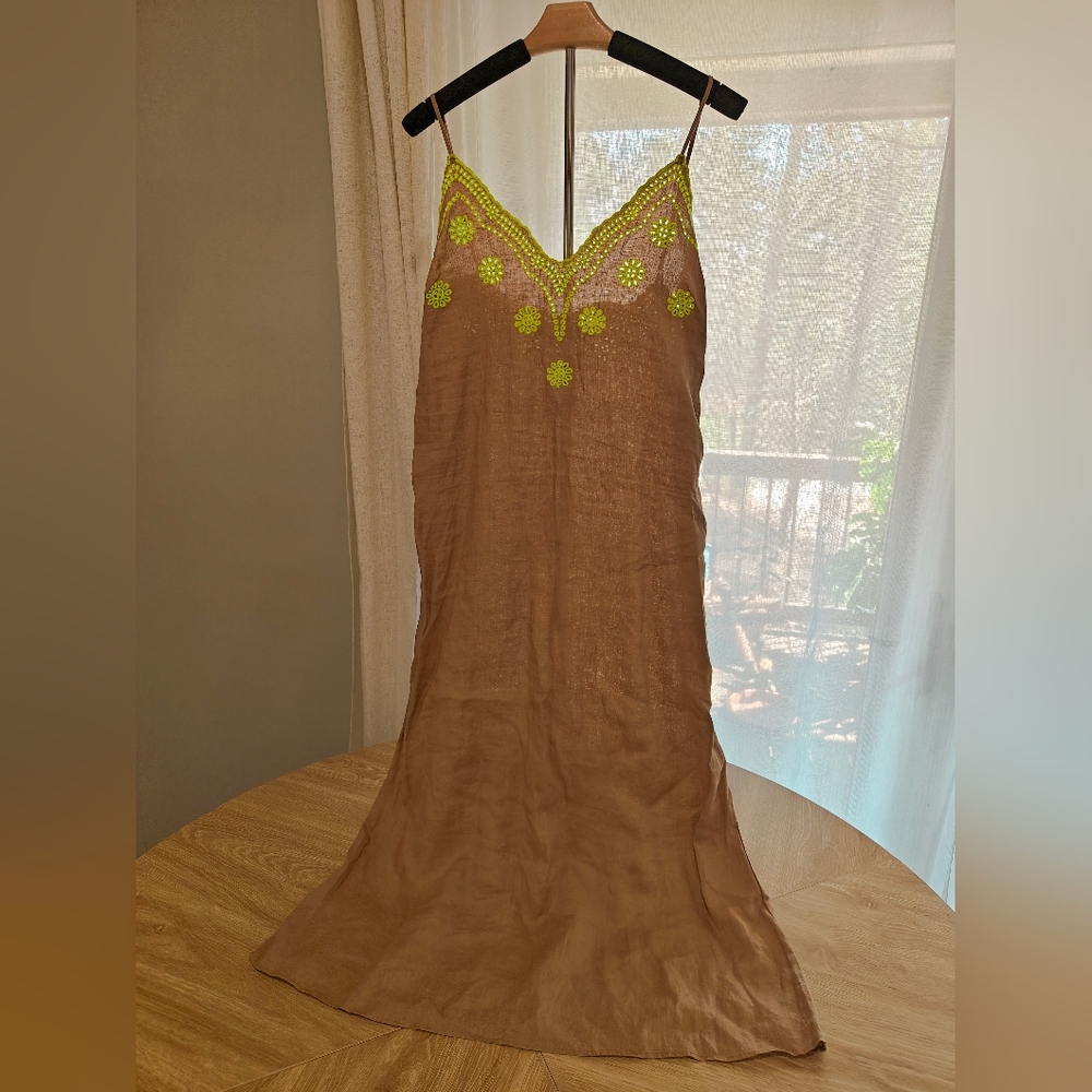Brown Maxi Dress with Green Embroidery